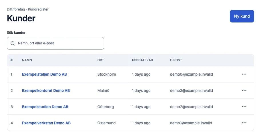 Facturos kundregister med sökfält och fyra fiktiva företag med exempeladresser.