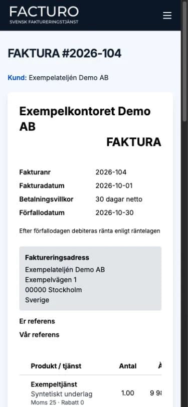 Facturos fakturavy på mobil med en faktura för ett fiktivt företag.
