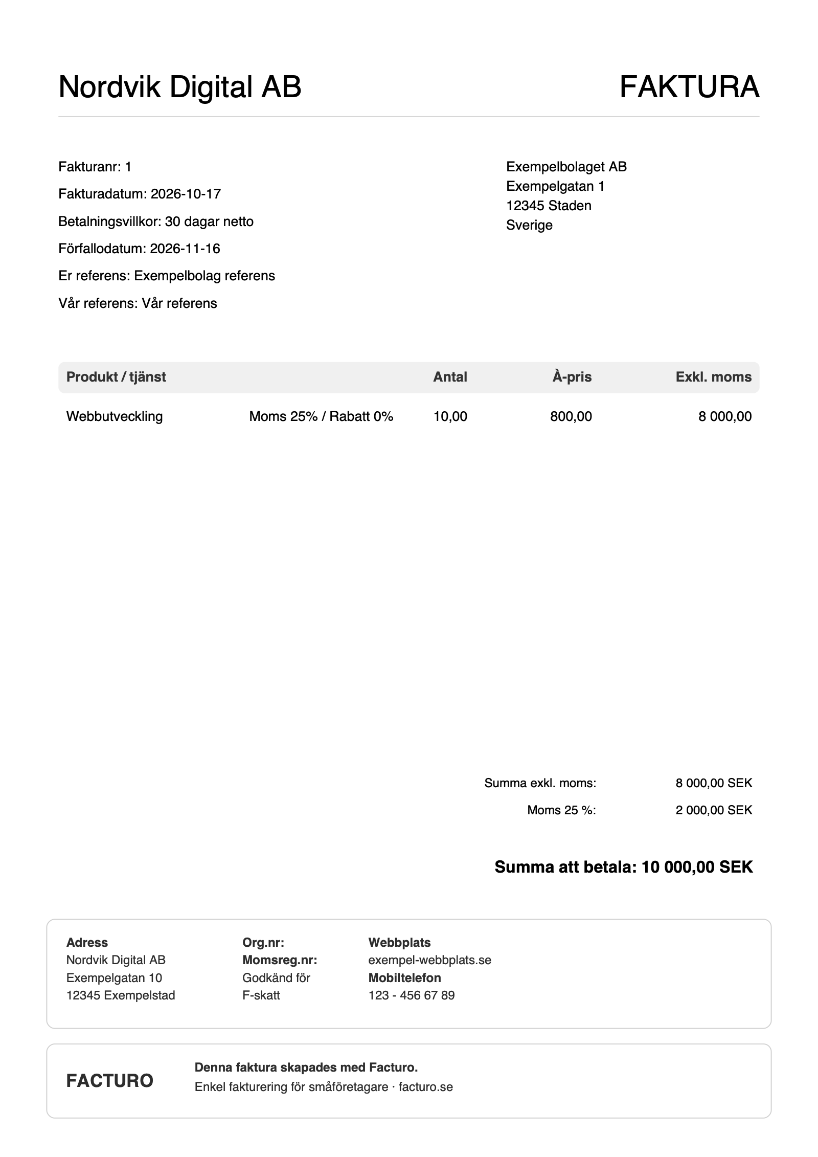 Demonstrationsfaktura från Nordvik Digital AB till Exempelbolaget AB: webbutveckling 8 000 kr, moms 2 000 kr, totalt 10 000 kr.